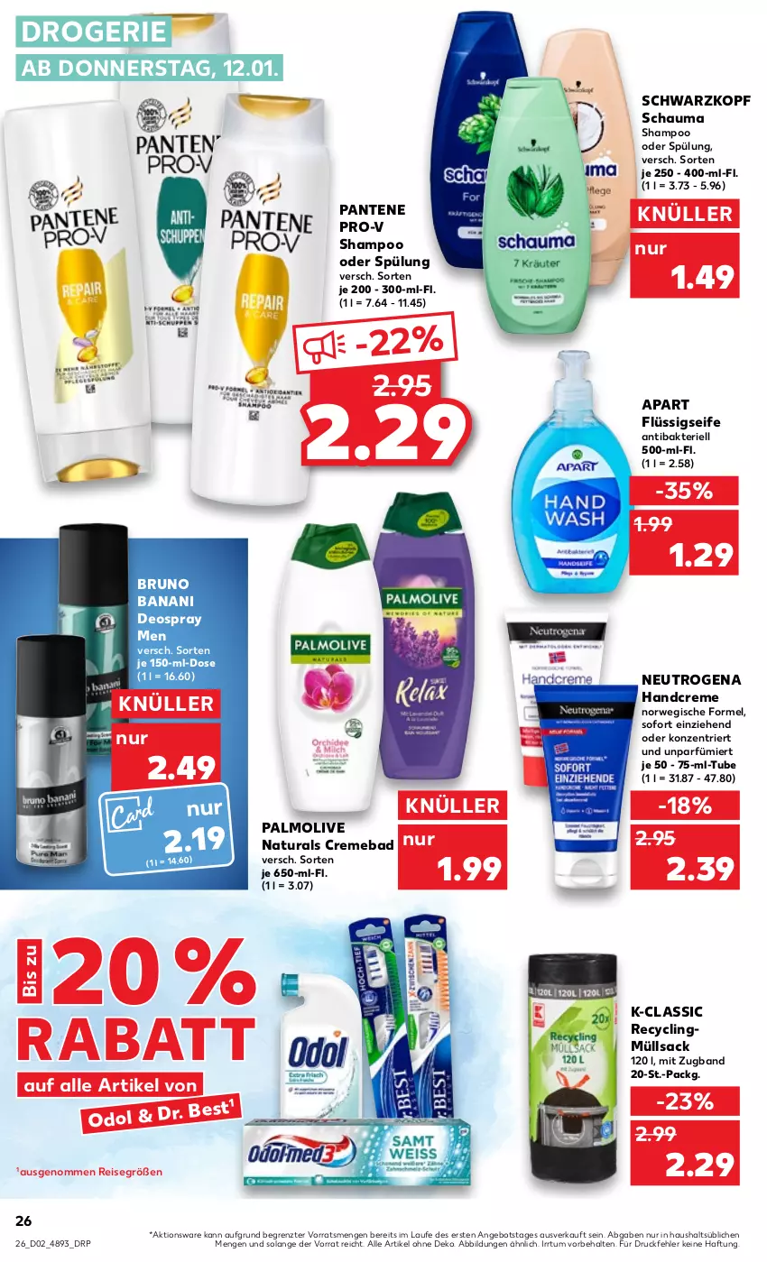 Aktueller Prospekt Kaufland - von 12.01 bis 18.01.2023 - strona 26 - produkty: angebot, Bad, bruno banani, Clin, creme, deo, deospray, eis, flüssigseife, handcreme, natur, natura, neutrogena, olive, palmolive, pantene, pantene pro-v, pro-v, reis, rwe, sac, schauma, schauma shampoo, schwarzkop, schwarzkopf, Seife, shampoo, shampoo oder spülung, spülung, Ti, ZTE