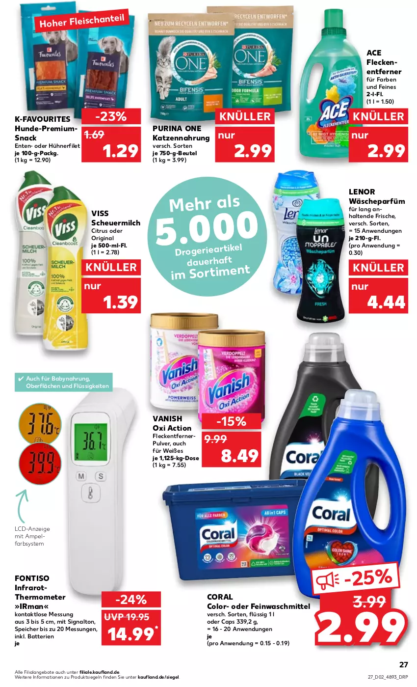 Aktueller Prospekt Kaufland - von 12.01 bis 18.01.2023 - strona 27 - produkty: angebot, angebote, auer, Babynahrung, batterie, batterien, beutel, Cap, citrus, Coral, eis, ente, feinwaschmittel, filet, Fleckenentferner, fleckentferner, fleisch, gin, Heu, hühner, Hühnerfilet, katzennahrung, lenor, milch, nerf, oxi action, purina, scheuermilch, Signal, snack, thermometer, Ti, vanish, vanish oxi action, wäscheparfüm, waschmittel