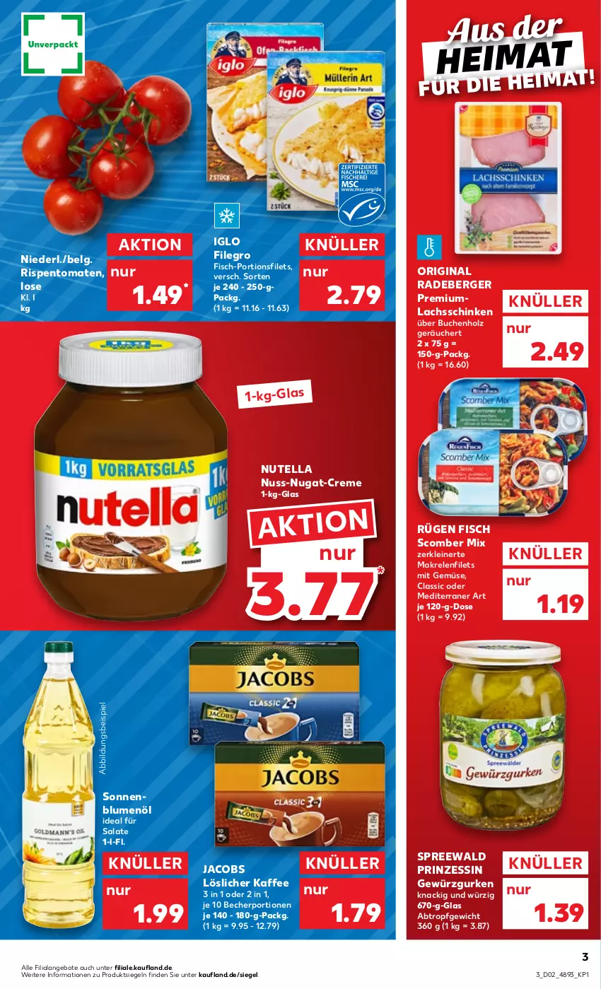 Aktueller Prospekt Kaufland - von 12.01 bis 18.01.2023 - strona 3 - produkty: angebot, angebote, Becher, Berger, blume, blumen, blumenöl, buch, creme, eis, filegro, filet, filets, fisch, gewürz, Gewürzgurke, gewürzgurken, gin, gurke, gurken, Holz, iglo, jacobs, kaffee, lachs, lachsschinken, leine, LG, löslicher kaffee, Makrele, Makrelenfilets, mit gemüse, nuss, nuss-nugat-creme, nutella, radeberger, rel, rispentomaten, salat, salate, schinken, sonnenblume, sonnenblumen, sonnenblumenöl, Ti, tomate, tomaten