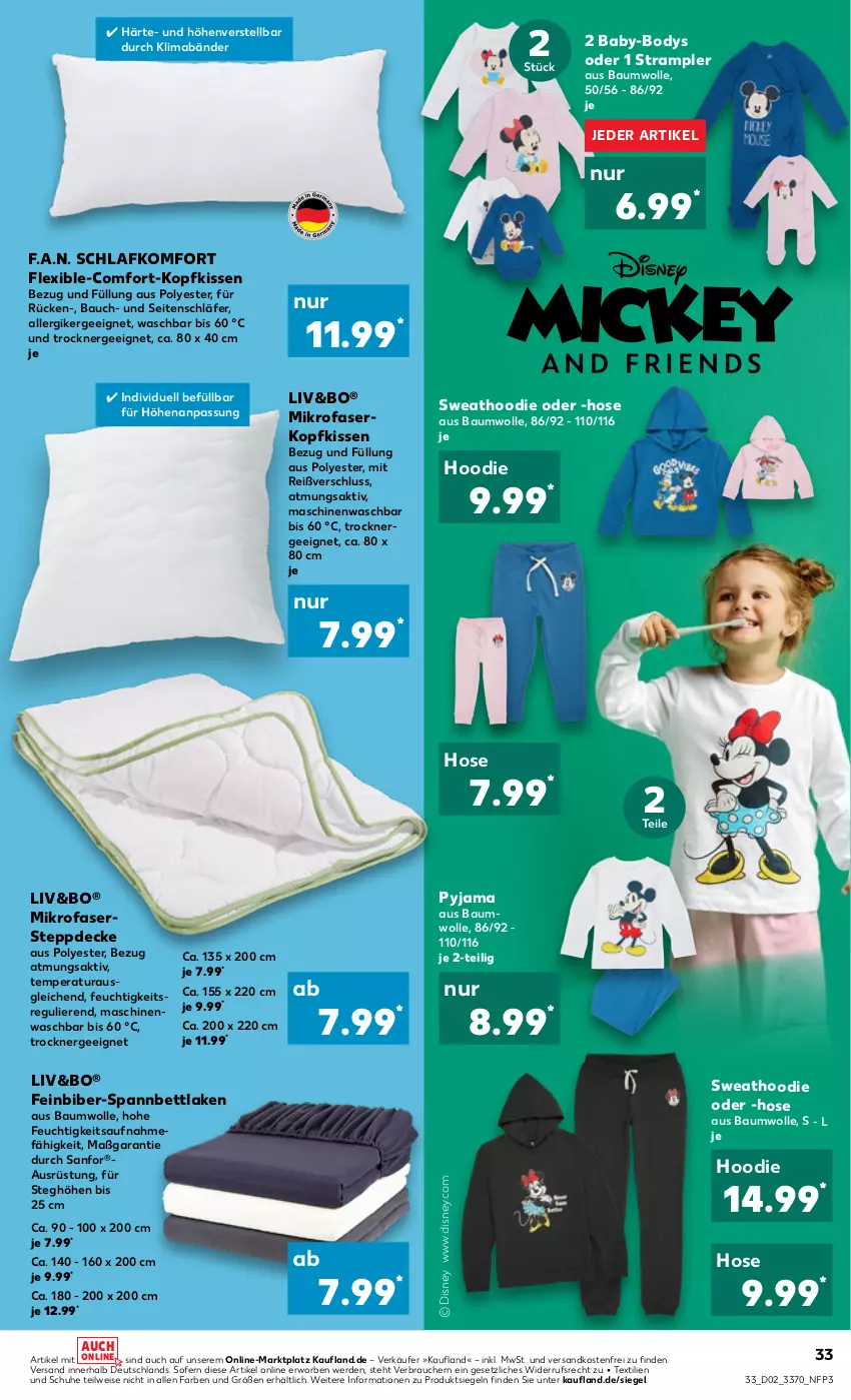 Aktueller Prospekt Kaufland - von 12.01 bis 18.01.2023 - strona 33 - produkty: Bau, baumwolle, bett, body, decke, disney, eis, erde, Ergee, hose, kissen, kopfkissen, mab, mikrofaser, Mikrofaserkopfkissen, ndk, Pyjama, Rauch, schuhe, spannbettlaken, Steppdecke, Strampler, Ti, Trockner, versandkostenfrei, wolle