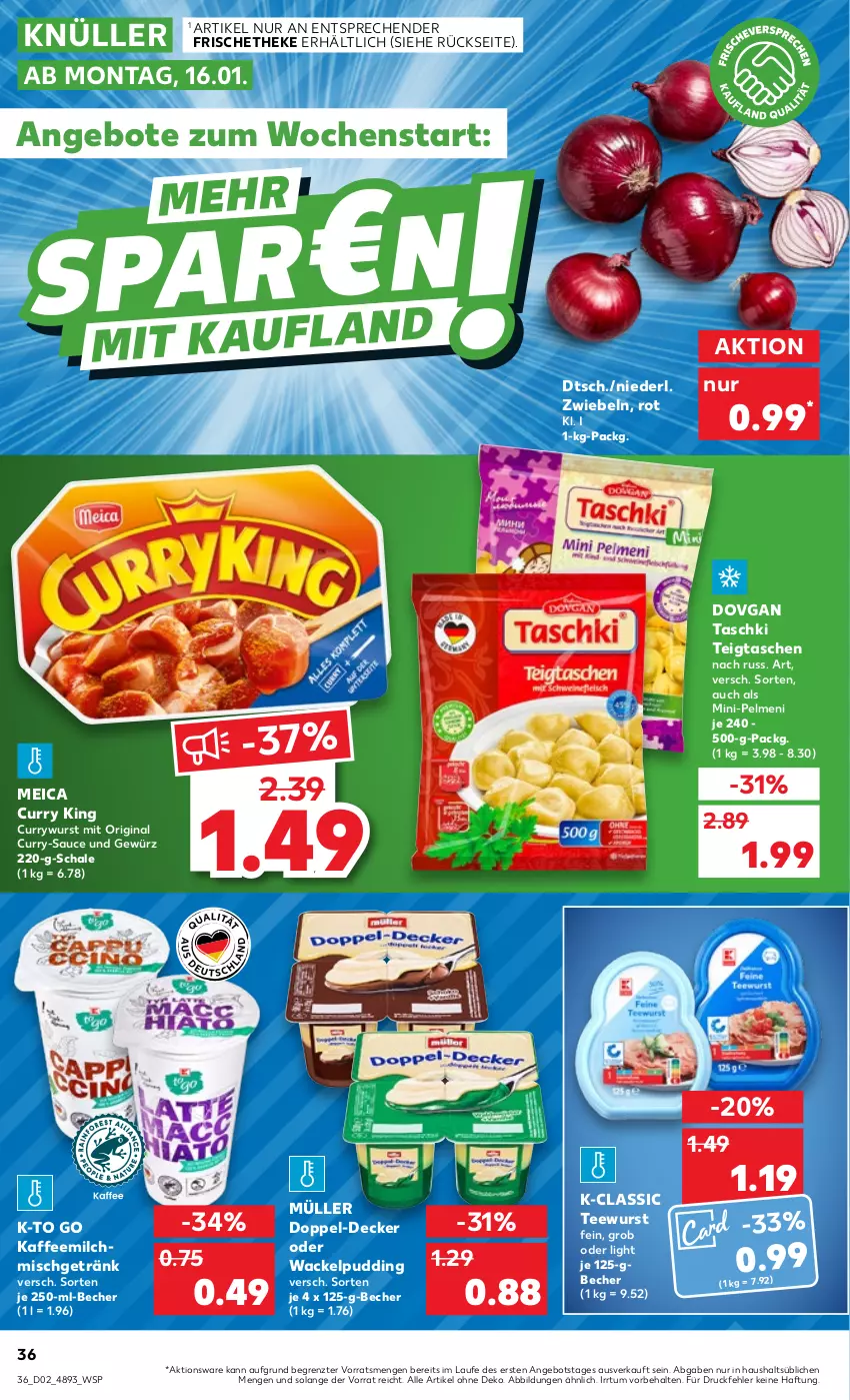 Aktueller Prospekt Kaufland - von 12.01 bis 18.01.2023 - strona 36 - produkty: angebot, angebote, Becher, curry, currywurst, decke, dovgan, getränk, gewürz, gin, kaffee, Kaffeemilch, meica, milch, Müller, pelmeni, pudding, sauce, Schal, Schale, Tasche, taschen, taschki, tee, teewurst, Ti, wurst, ZTE, zwiebel, zwiebeln