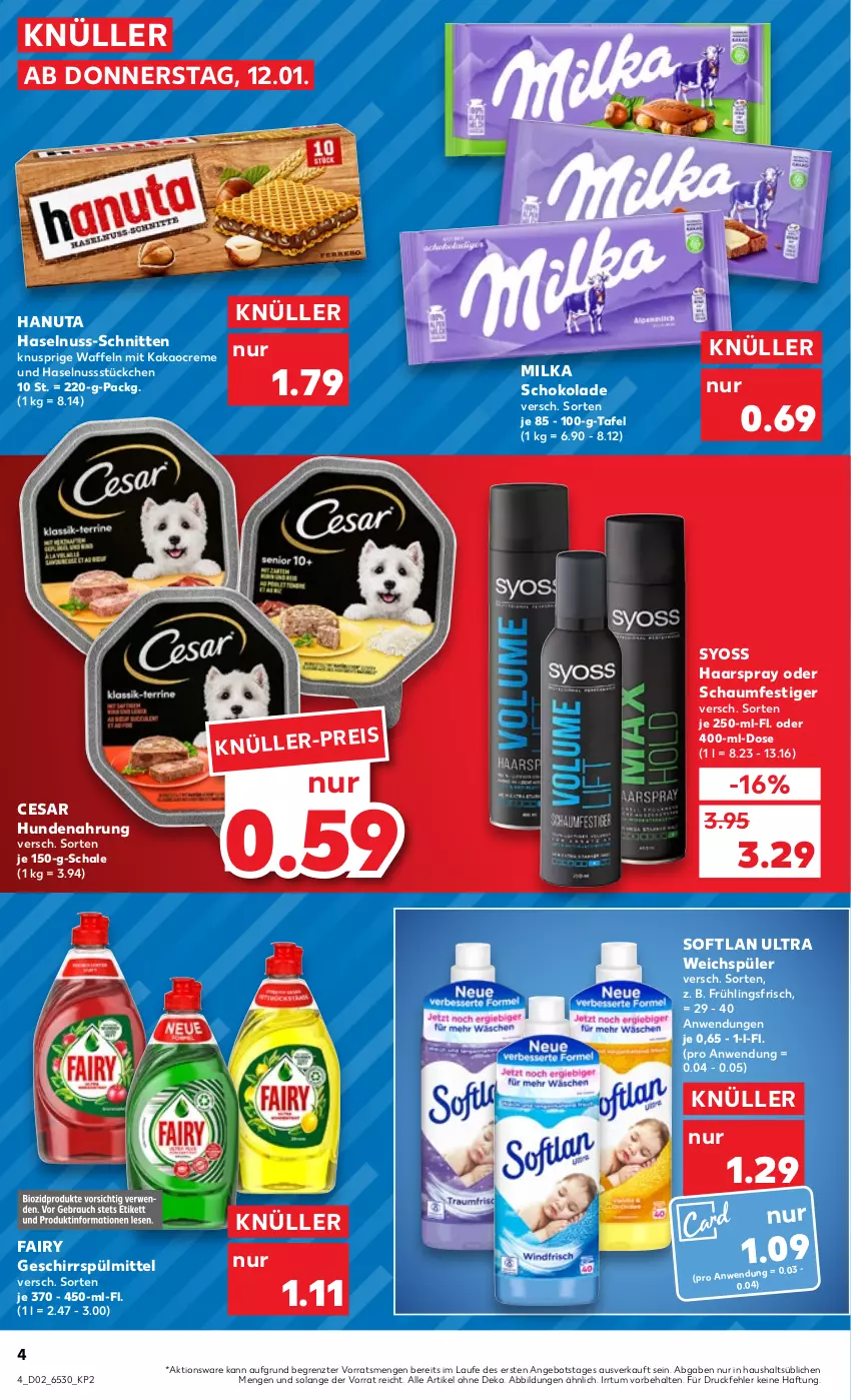 Aktueller Prospekt Kaufland - von 12.01 bis 18.01.2023 - strona 4 - produkty: angebot, creme, eis, fairy, geschirr, geschirrspülmittel, haarspray, hanuta, haselnuss, hundenahrung, kakao, milka, milka schokolade, nuss, oder schaumfestiger, Schal, Schale, schaumfestiger, schnitten, schoko, schokolade, Softlan, spülmittel, syoss, Ti, waffeln, weichspüler, Yo, ZTE