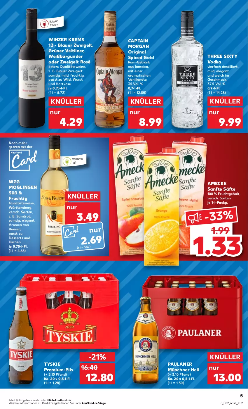 Aktueller Prospekt Kaufland - von 12.01 bis 18.01.2023 - strona 5 - produkty: amecke, angebot, angebote, auer, beere, beeren, blauer zweigelt, burgunder, Cap, captain morgan, dessert, desserts, frucht, getränk, gin, grüner veltliner, hartkäse, Käse, kuchen, mac, original spiced gold, Paula, paulaner, pils, qualitätswein, qualitätsweine, rotwein, rum, säfte, Three Sixty, Ti, tisch, tyskie, vanille, vodka, wein, weine, Weißburgunder, Weißwein, Wild, wurst, Zweigelt