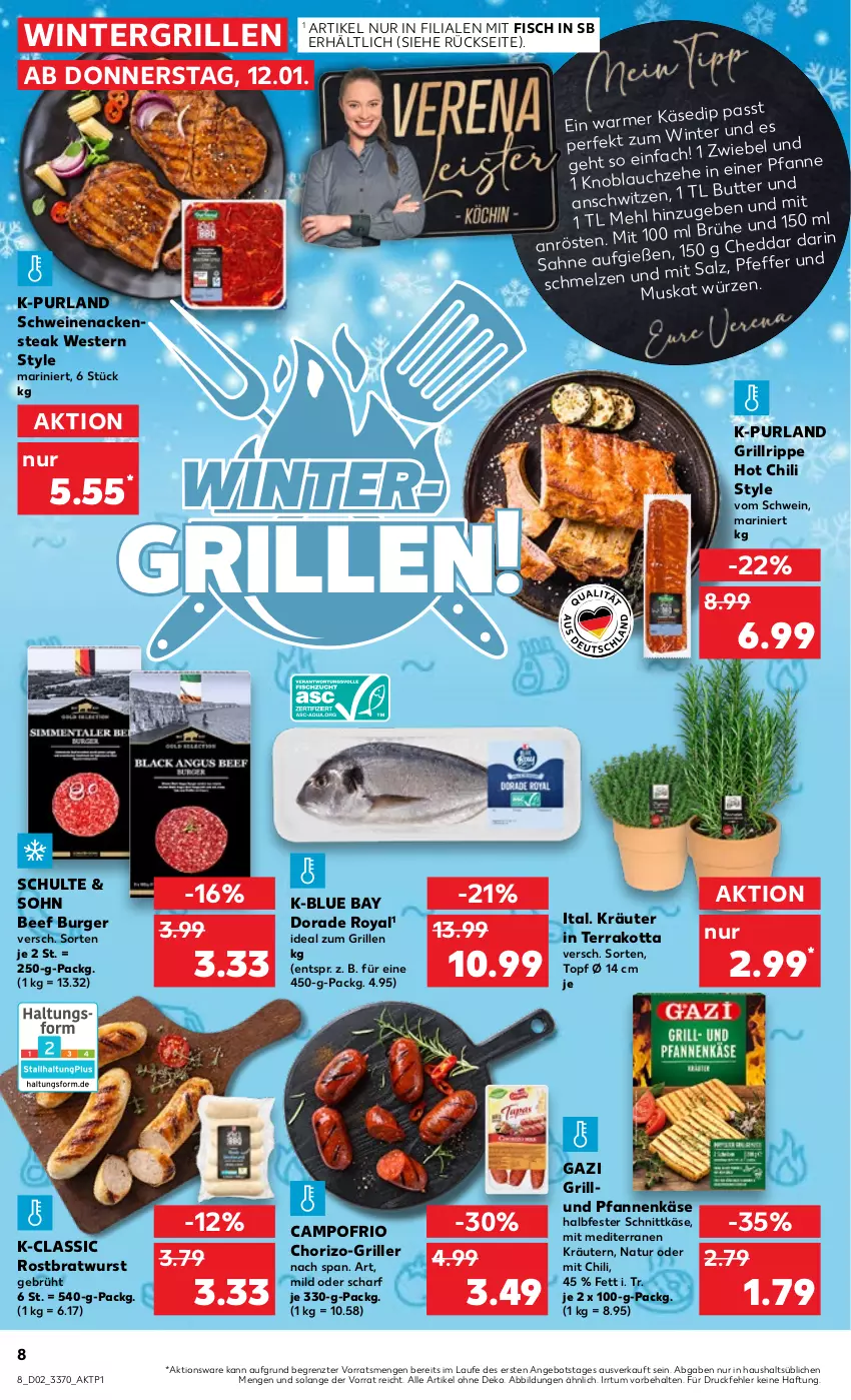 Aktueller Prospekt Kaufland - von 12.01 bis 18.01.2023 - strona 8 - produkty: angebot, beef, bratwurst, burger, butter, campofrio, cheddar, chili, chorizo, dip, Dorade, dorade royal, fisch, grill, grillrippe, halbfester schnittkäse, hot chili, ideal zum grillen, Käse, knoblauch, kräuter, kräutern, Nackensteak, natur, pfanne, pfannen, pfannenkäse, pfeffer, purland, rostbratwurst, sahne, salz, schnittkäse, schwein, schweine, schweinenacken, steak, Ti, topf, und pfanne, wein, weine, Weste, wurst, ZTE