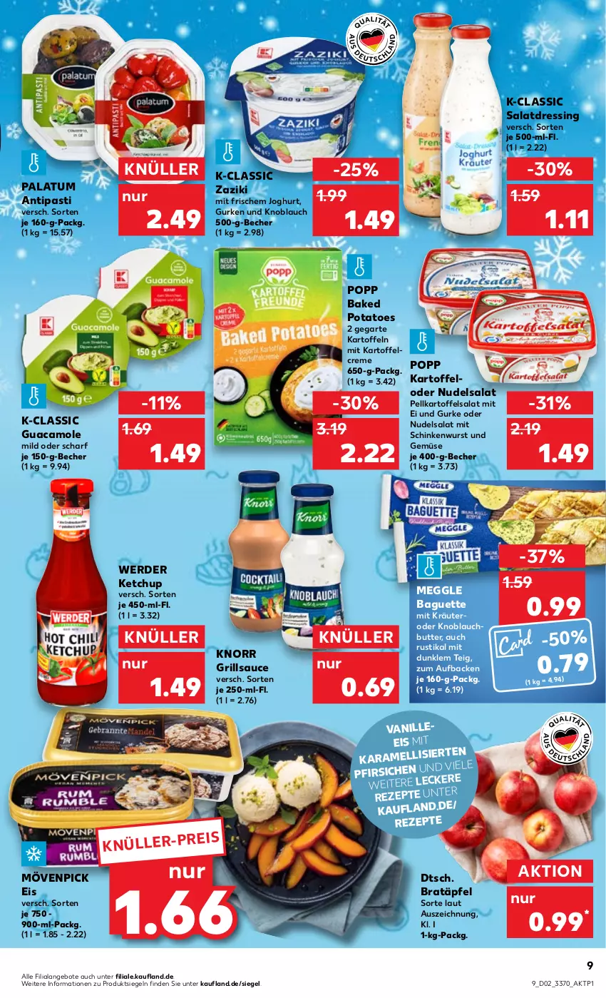 Aktueller Prospekt Kaufland - von 12.01 bis 18.01.2023 - strona 9 - produkty: angebot, angebote, antipasti, asti, baguette, baked potatoes, Becher, butter, creme, dressing, eis, erde, grill, grillsauce, guacamole, gurke, gurken, joghur, joghurt, karamell, kartoffel, kartoffeln, kartoffelsalat, ketchup, knoblauch, Knoblauchbutter, knorr, kräuter, meggle, mövenpick, mövenpick eis, nudel, nudelsalat, pfirsich, Popp, potatoes, rezept, rezepte, salat, salatdressing, sauce, schinken, schinkenwurst, Ti, und gemüse, vanille, wurst, zaziki