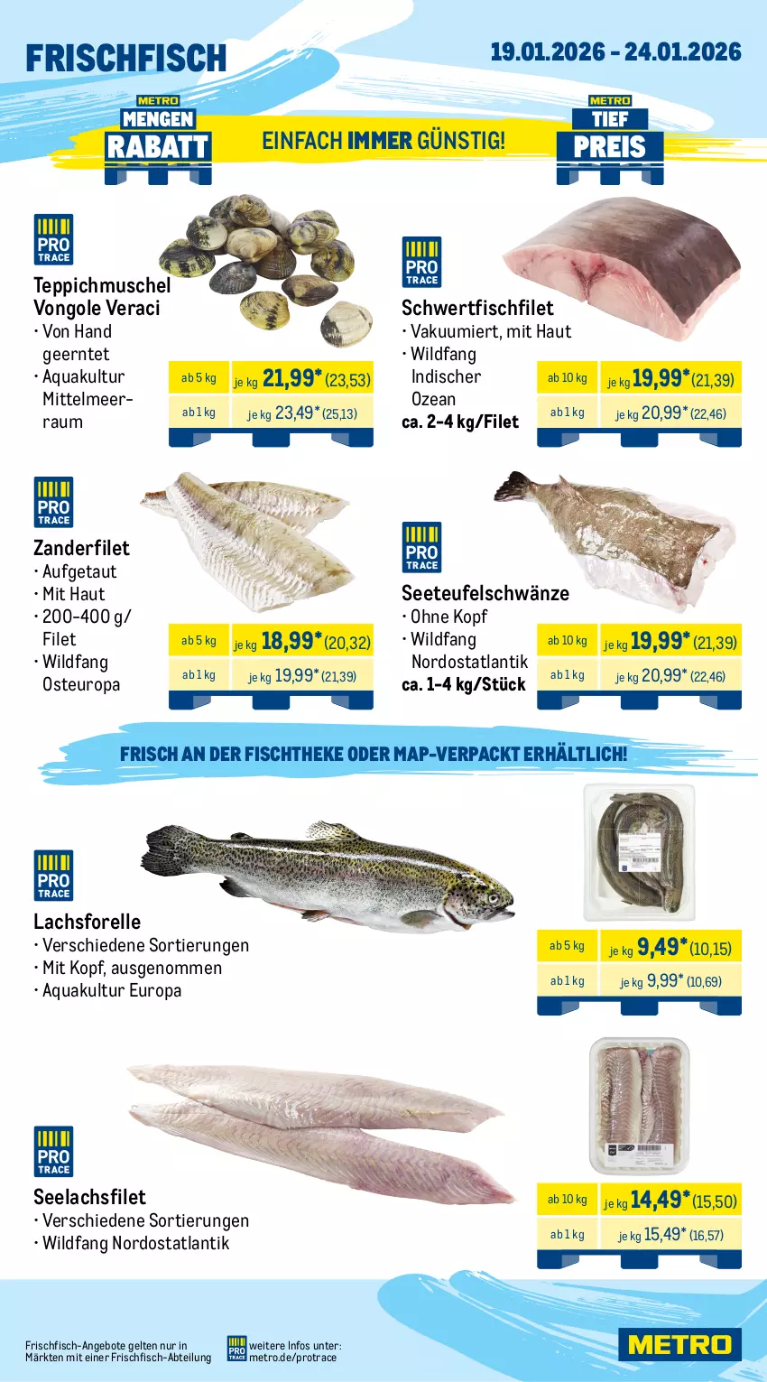 Aktueller Prospekt Metro - Wochen-Angebote Gastro - von 19.01 bis 24.01.2026 - strona 6 - produkty: Abtei, angebot, angebote, aqua, Becher, beutel, eis, elle, filet, fisch, fischtheke, forelle, frischfisch, Krebs, lachs, lachsfilet, LG, Metro, Räucherlachs, reis, rel, salat, schnitten, seelachsfilet, teppich, Ti, tiefpreis, Waage, Wild, Zander