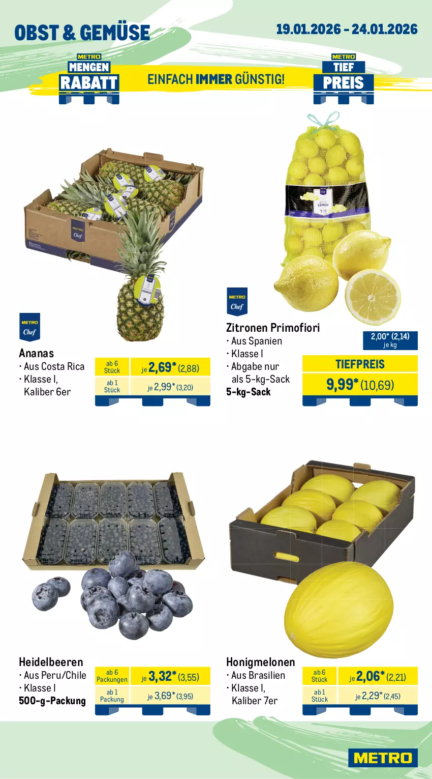 Aktueller Prospekt Metro - Wochen-Angebote Gastro - von 19.01 bis 24.01.2026 - strona 8 - produkty: ananas, beere, beeren, broccoli, cocktail, eis, heidelbeere, heidelbeeren, honig, honigmelone, honigmelonen, melone, melonen, obst, pommes, Radicchio, reis, rispentomaten, sac, Ti, tiefpreis, tomate, tomaten, zitrone, zitronen