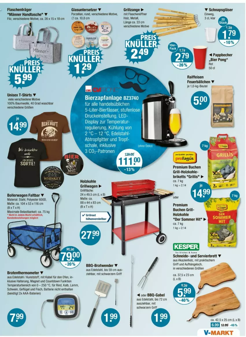 Aktueller Prospekt Vmarkt - Prospekte - von 22.05 bis 28.05.2025 - strona 15 - produkty: batterie, Bau, baumwolle, beutel, bollerwagen, braten, Bratenthermometer, briketts, buch, edelstahl, eis, fisch, flasche, flaschenöffner, gabel, Geflügel, Gläser, grill, grill-holzkohle, grillzange, Handtasche, Holz, holzkohle, lamm, Ofen, Ria, rind, schwein, shirt, shirts, T-Shirt, Tasche, thermometer, Ti, tisch, Untersetzer, wein, wolle