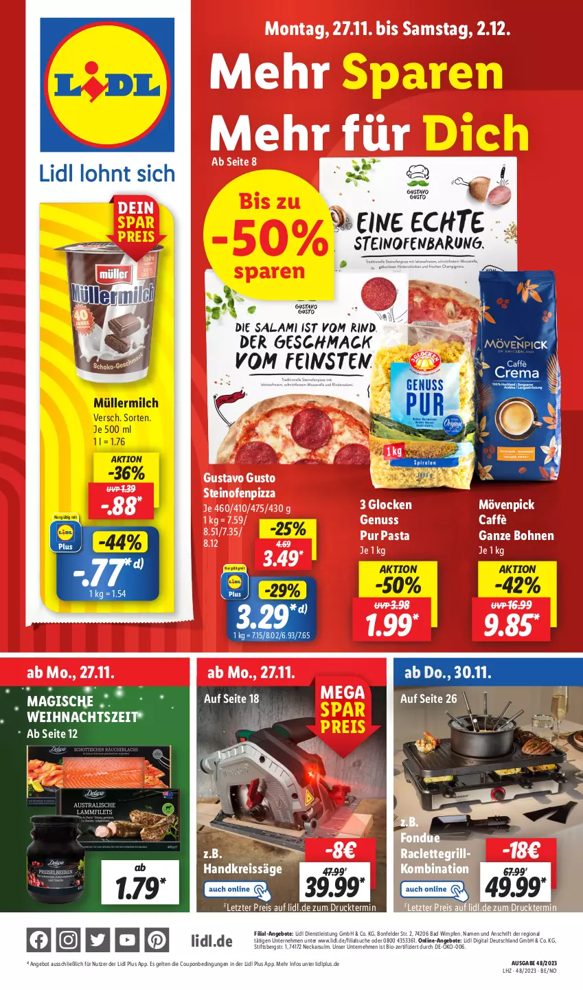 Aktueller Prospekt Lidl - Aktionsprospekt - von 27.11 bis 02.12.2023 - strona 1 - produkty: angebot, angebote, Bad, bio, bohne, bohnen, coupon, eis, Fondue, grill, milch, mövenpick, Müller, müllermilch, nuss, Ofen, pasta, pizza, preisvorteil, Raclettegrill, reis, reiss, säge, steinofen, Ti, ZTE