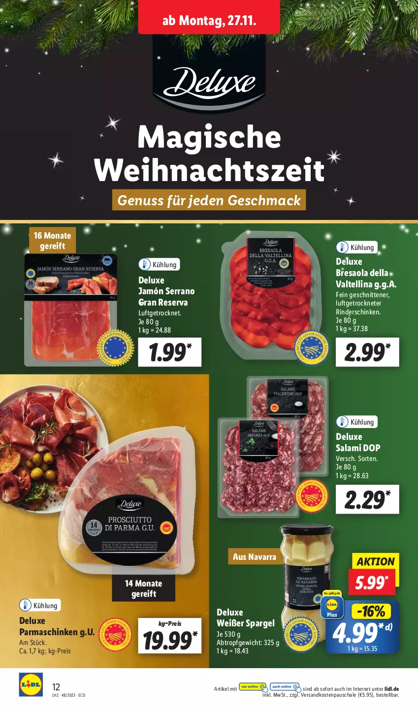 Aktueller Prospekt Lidl - Aktionsprospekt - von 27.11 bis 02.12.2023 - strona 14 - produkty: Bresaola, dell, eis, jamón serrano, mac, ndk, nuss, parmaschinken, reis, resa, rind, rinder, salami, Schal, Schale, schinken, schnitten, serrano, spargel, Ti