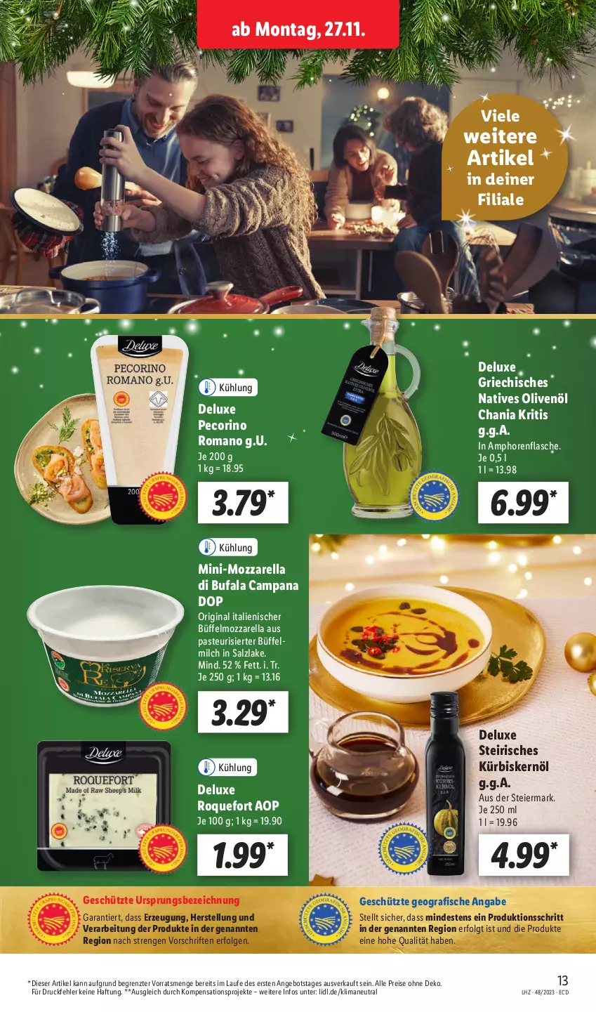 Aktueller Prospekt Lidl - Aktionsprospekt - von 27.11 bis 02.12.2023 - strona 15 - produkty: angebot, di bufala, eier, eis, fisch, fische, flasche, gin, Kürbis, Kürbiskernöl, LG, milch, mozzarella, natives olivenöl, olive, oliven, olivenöl, Pecorino, reis, rel, salz, Ti, ZTE