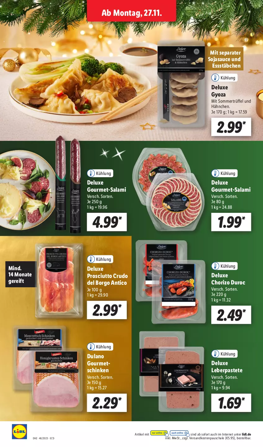 Aktueller Prospekt Lidl - Aktionsprospekt - von 27.11 bis 02.12.2023 - strona 18 - produkty: chorizo, dulano, ndk, pastete, prosciutto, prosciutto crudo, salami, sauce, Schal, Schale, schinken, soja, sojasauce, Ti, Trüffel, Yo