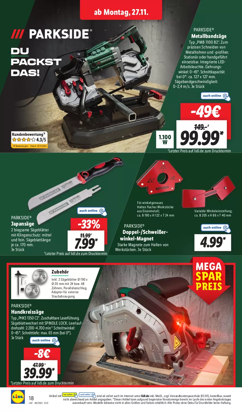 Aktueller Prospekt Lidl - Aktionsprospekt - von 27.11 bis 02.12.2023 - strona 26 - produkty: adapter, angebot, Arbeitsleuchte, dell, eis, Elan, elle, gsw, Handkreissäge, Japansäge, Leuchte, LG, Mode, ndk, Parkside, reis, reiss, Ria, säge, Schal, Schale, Ti, ZTE