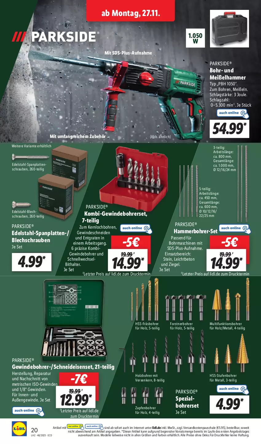 Aktueller Prospekt Lidl - Aktionsprospekt - von 27.11 bis 02.12.2023 - strona 28 - produkty: angebot, Bohrer-Set, Bohrerset, dell, edelstahl, eis, elle, Gewindebohrerset, Holz, latte, Mode, ndk, Parkside, reis, Ria, Schal, Schale, Schneideisenset, schrauben, Spezi, Ti, ZTE