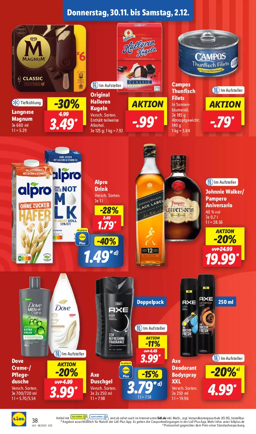 Aktueller Prospekt Lidl - Aktionsprospekt - von 27.11 bis 02.12.2023 - strona 54 - produkty: alkohol, alpro, angebot, axe, axe duschgel, blume, blumen, blumenöl, body, bodyspray, coupon, creme, deo, deodorant, dove, drink, dusche, duschgel, eis, elle, filet, filets, fisch, gin, johnnie walker, Kugel, langnese, magnum, ndk, pflegedusche, preisvorteil, reis, Schal, Schale, teller, thunfisch, thunfisch filets, Ti