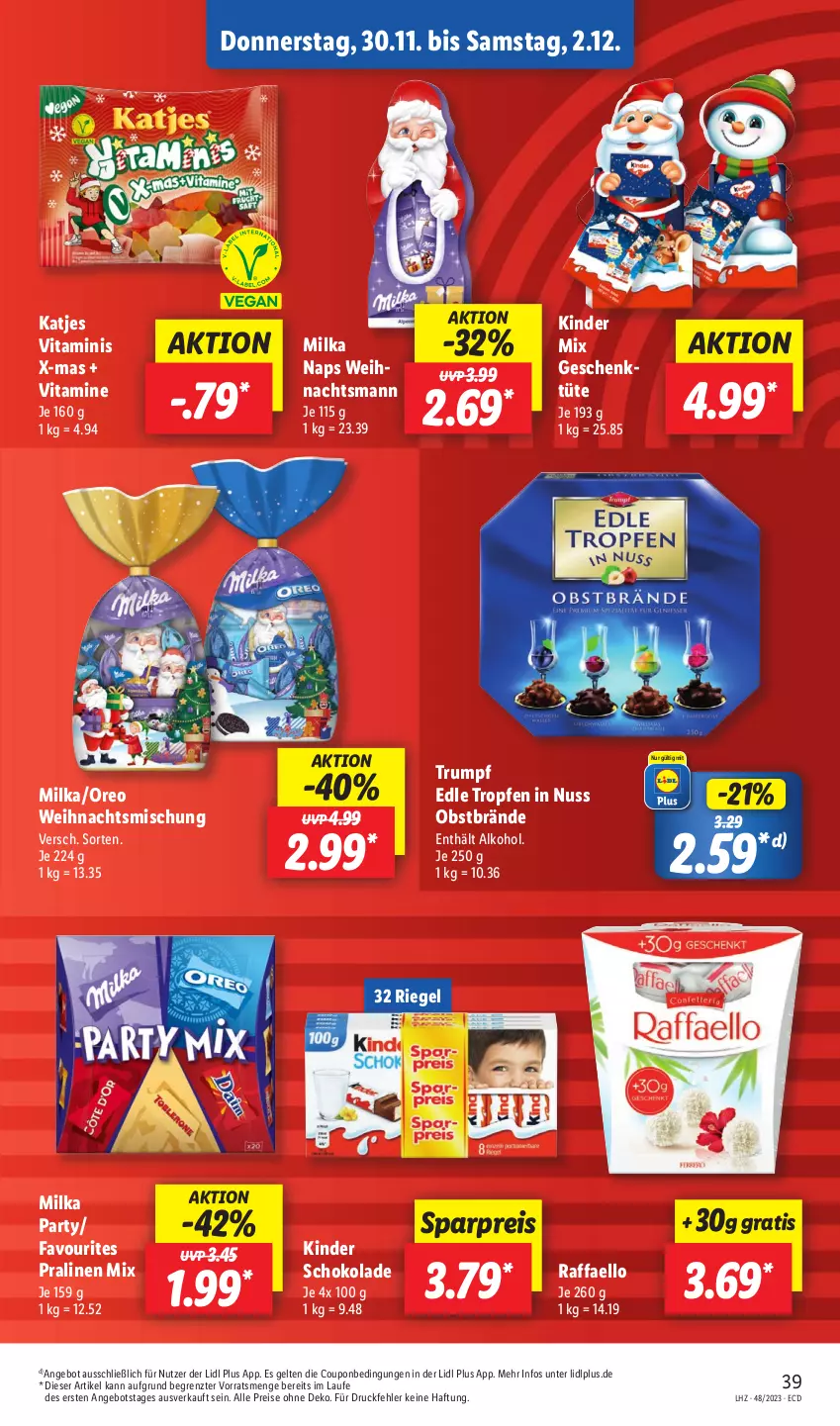 Aktueller Prospekt Lidl - Aktionsprospekt - von 27.11 bis 02.12.2023 - strona 55 - produkty: alkohol, angebot, coupon, eis, katjes, Kinder, kinder schokolade, milka, nuss, obst, oreo, pralinen, raffaello, reis, riegel, rum, schoko, schokolade, Ti, Tüte, vita, Vitamine, ZTE