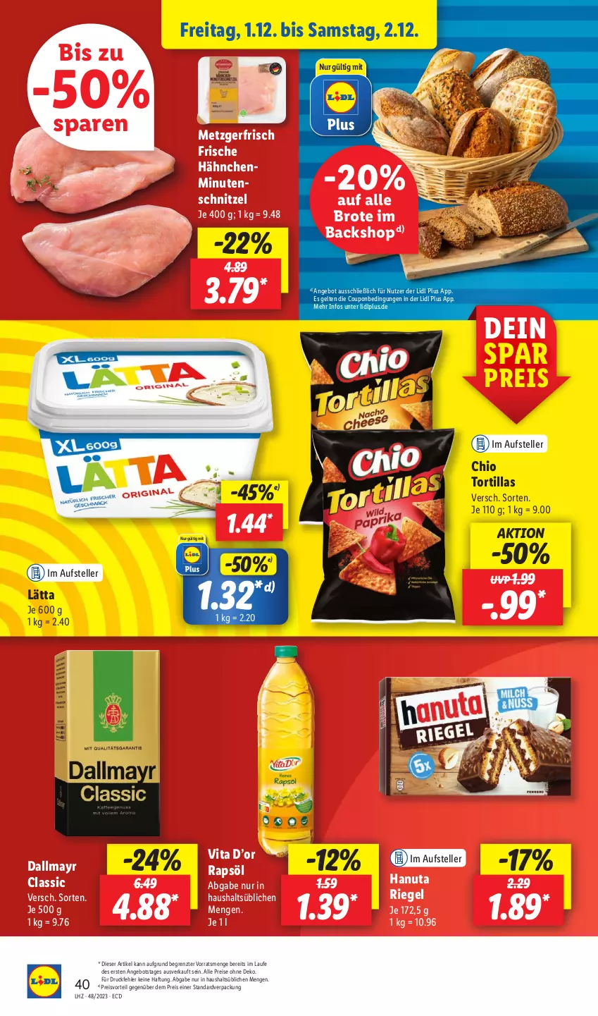 Aktueller Prospekt Lidl - Aktionsprospekt - von 27.11 bis 02.12.2023 - strona 56 - produkty: angebot, brot, coupon, dallmayr, drucker, eis, elle, Engel, Frische Hähnchen, hanuta, kerze, lätta, minutenschnitzel, papier, preisvorteil, rapsöl, reis, riegel, schnitzel, teller, Ti, tortilla, tortillas, vita, ZTE