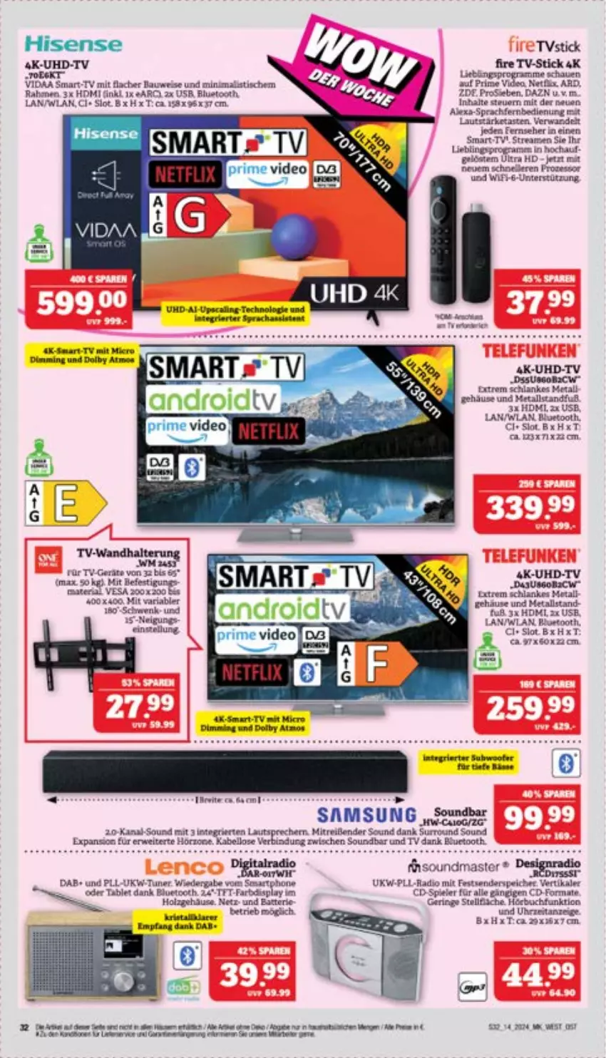 Aktueller Prospekt Marktkauf - Prospekt - von 31.03 bis 06.04.2024 - strona 34 - produkty: Bau, deo, eis, fernseher, HDMI, Hefe, Holz, LG, Radio, Ria, ring, rwe, Samsung, sana, tee, Ti, tisch, tuner, uhd, uhr, usb, wandhalterung, Yo