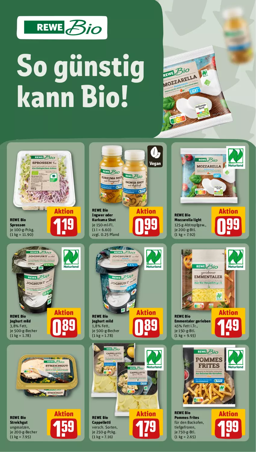 Aktueller Prospekt Rewe - Prospekte - von 24.06 bis 29.06.2024 - strona 14 - produkty: backofen, Becher, bio, Cap, elle, emmentaler, ingwer, joghur, joghurt, joghurt mild, mozzarella, Ofen, pommes, Pommes Frites, rel, rewe bio, salz, Ti