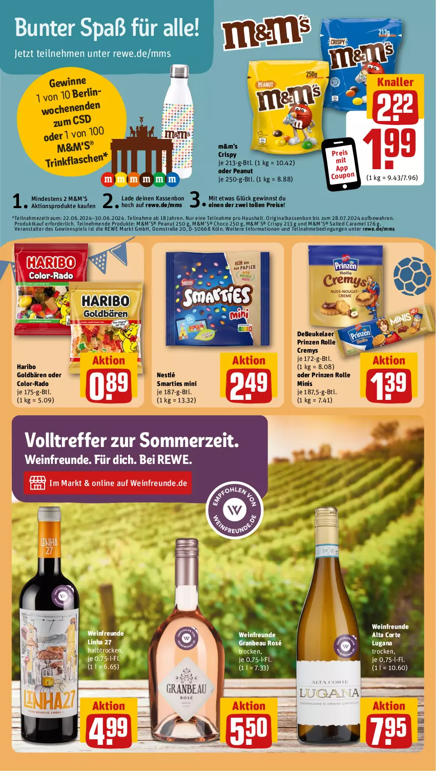 Aktueller Prospekt Rewe - Prospekte - von 24.06 bis 29.06.2024 - strona 16 - produkty: caramel, coupon, cremys, debeukelaer, eis, gewinnspiel, gin, goldbären, haribo, nestlé, prinzen rolle, reis, smarties, Ti, wein