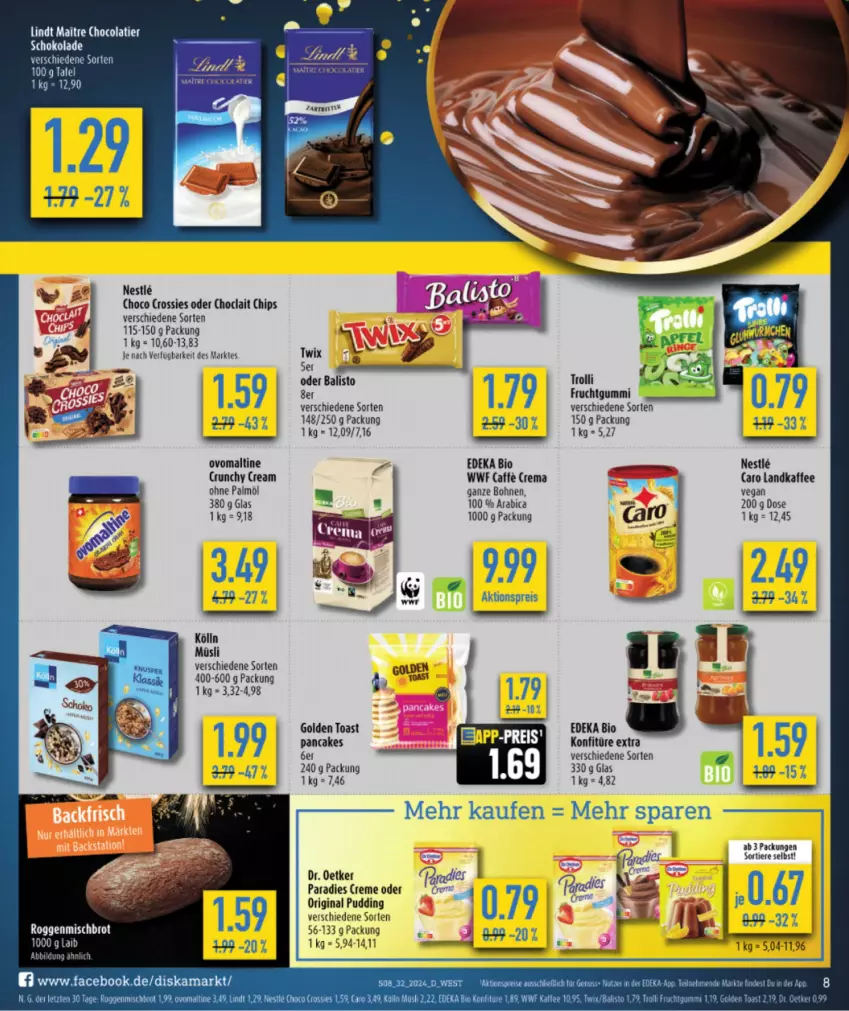 Aktueller Prospekt Diska - von 29.07 bis 03.08.2024 - strona 10 - produkty: aktionspreis, balisto, bier, bio, bohne, bohnen, brot, chips, choclait chips, choco crossies, cola, crossies, deka, edeka bio, eis, frucht, fruchtgummi, gin, golden toast, kaffee, kölln, konfitüre, konfitüre extra, lindt, müsli, ndk, ohne palmöl, ovomaltine, pudding, reis, schoko, schokolade, Ti, Tiere, toast, trolli