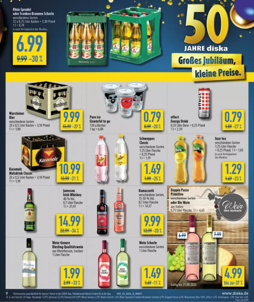 Aktueller Prospekt Diska - von 29.07 bis 03.08.2024 - strona 11 - produkty: Becher, bier, bio, brunnen, doppio passo, drink, Effect, eis, eiswürfel, energy drink, flasche, franken brunnen, fuze tea, irish whiskey, karamalz, leine, malz, nuss, passo, primitivo, qualitätswein, rama, ramazzott, ramazzotti, reis, riesling, rwe, schorle, schweppes, Sprudel, steiner, Ti, warsteiner, wein, whiskey, würfel, zott, ZTE