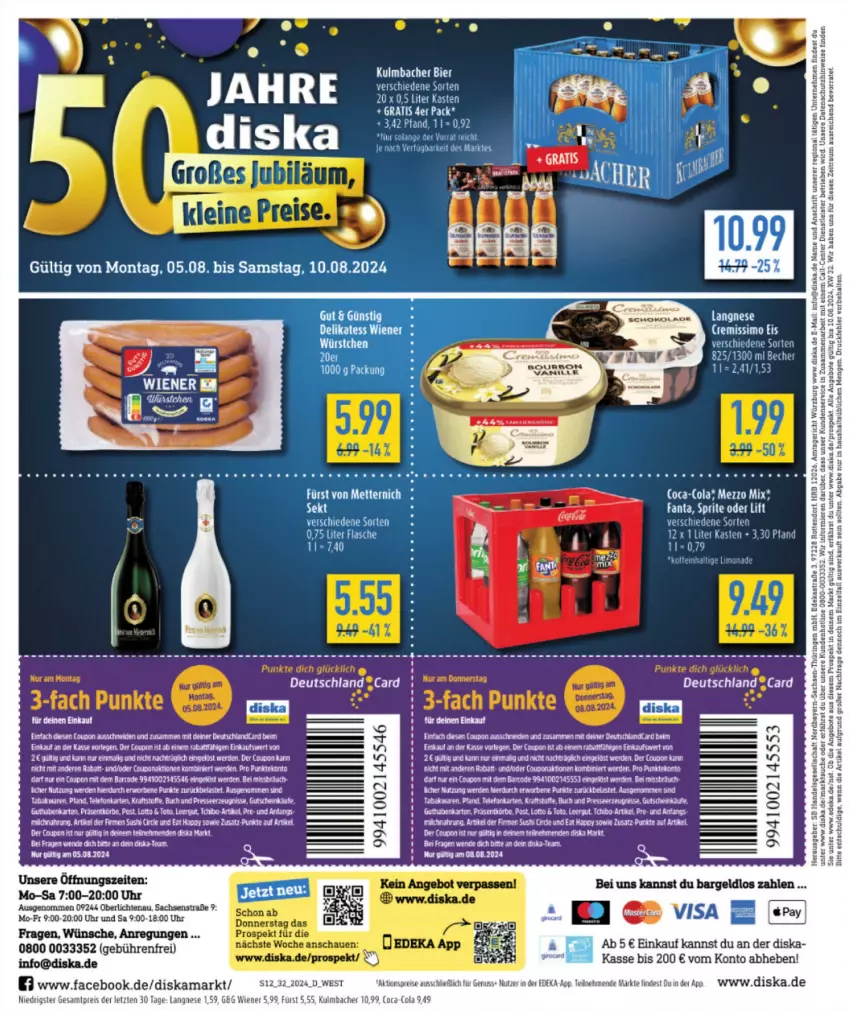 Aktueller Prospekt Diska - von 29.07 bis 03.08.2024 - strona 14 - produkty: aeg, angebot, angebote, Astra, bier, coca-cola, cola, deka, eis, elle, ente, erde, fanta, flasche, Heu, langnese, nuss, reis, ring, sac, Schal, sprite, tee, Ti, torte, uhr, vanille, wiener, ZTE