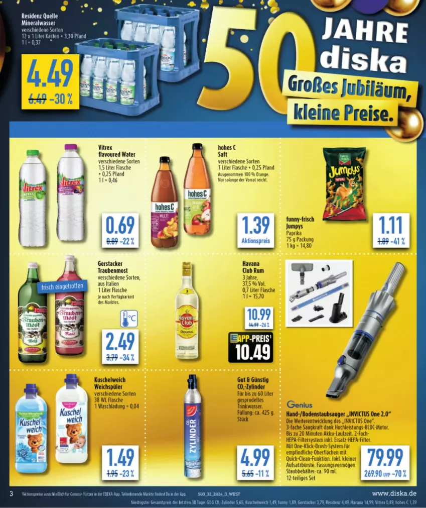 Aktueller Prospekt Diska - von 29.07 bis 03.08.2024 - strona 5 - produkty: akku, Alwa, Behälter, bodenstaubsauger, bürste, eis, elle, flasche, funny-frisch, kraft, Kuschelweich, leine, mineralwasser, orange, paprika, reis, rum, saft, Sprudel, staubsauger, Ti, trauben, vitrex, wasser, weichspüler, WICK