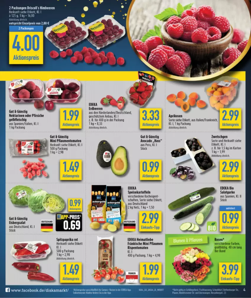 Aktueller Prospekt Diska - von 29.07 bis 03.08.2024 - strona 6 - produkty: aktionspreis, aprikose, aprikosen, avocado, Bau, beere, beeren, bio, deka, driscoll's, edeka bio, eis, eisbergsalat, erdbeere, erdbeeren, fleisch, gurke, himbeer, himbeere, himbeeren, kartoffel, kartoffeln, Nektar, nektarinen, nektarinen oder, oder pfirsiche, paprika, paprika rot, pfirsich, pfirsiche, pflaume, pflaumen, reis, rispentomaten, salat, Salatgurke, speisekartoffeln, tee, Ti, tomate, tomaten, ZTE