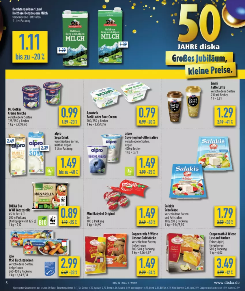 Aktueller Prospekt Diska - von 29.07 bis 03.08.2024 - strona 7 - produkty: alpro, apfel, apostels, auer, babybel, Bau, Bauer, Becher, bio, coppenrath, deka, drink, edeka bio, eis, emmi, fisch, fischstäbchen, gin, Goldstücke, joghur, joghurt, Käse, kuchen, latte, leine, LG, Lust auf Kuchen, milch, mini babybel, mozzarella, reis, rel, salakis, schafkäse, sour cream, soya, Ti