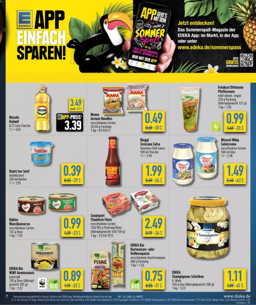 Aktueller Prospekt Diska - von 29.07 bis 03.08.2024 - strona 9 - produkty: Bau, bio, champignon, champignons, chili, creme, decke, deka, dittmann, edeka bio, eis, feinkost, filet, filets, fisch, flasche, gemüsemais, hartweizen, korn, magazin, maggi, mais, mam, miracel, miracel whip, natur, pasta, pfeffer, pfefferonen, reis, salat, salatcreme, Salsa, sauce, saupiquet, senf, tee, texicana, Texicana Salsa, thunfisch, thunfisch filets, Ti, tomate, tomaten, wurst, ZTE