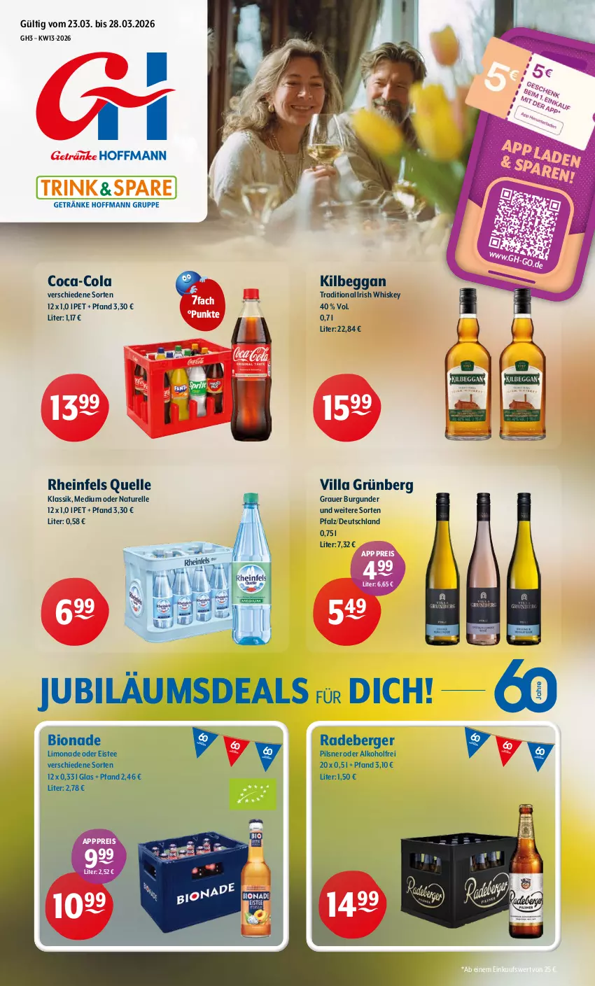 Aktueller Prospekt Getraenke Hoffmann - Prospekte - von 23.03 bis 28.03.2026 - strona 1 - produkty: alkohol, auer, Berger, bio, bionade, burgunder, coca-cola, cola, eis, eistee, elle, grauer burgunder, irish whiskey, Jubiläums, kilbeggan, limo, limonade, natur, pils, pilsner, radeberger, reis, rel, rheinfels quelle, tee, Ti, whiskey