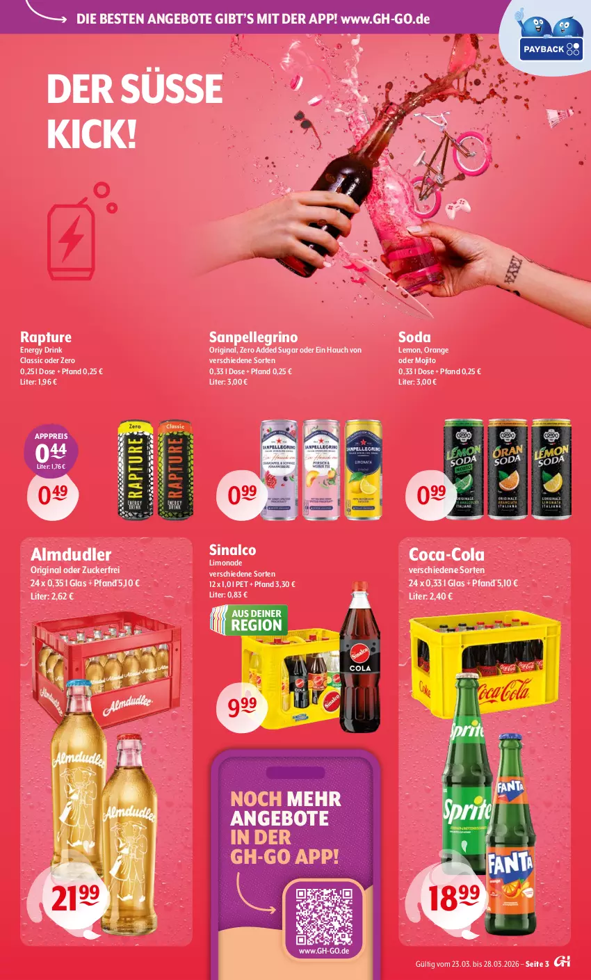 Aktueller Prospekt Getraenke Hoffmann - Prospekte - von 23.03 bis 28.03.2026 - strona 3 - produkty: almdudler, angebot, angebote, coca-cola, cola, drink, eis, elle, energy drink, gin, limo, limonade, mojito, orange, reis, sanpellegrino, sinalco, Soda, Ti, zucker