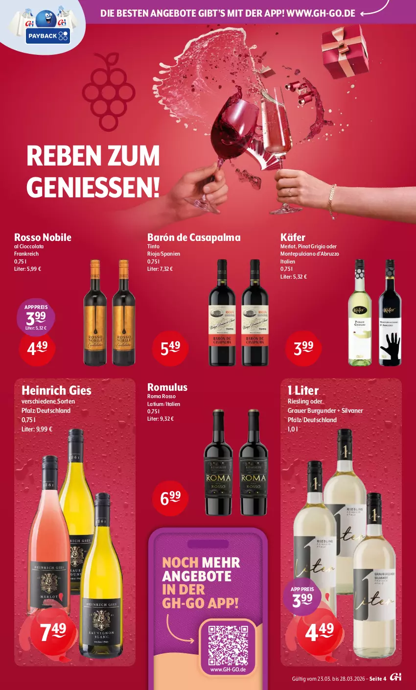 Aktueller Prospekt Getraenke Hoffmann - Prospekte - von 23.03 bis 28.03.2026 - strona 4 - produkty: angebot, angebote, auer, burgunder, cola, eis, grauer burgunder, käfer, merl, merlot, monte, Montepulciano, Pinot, pinot grigio, reis, riesling, rioja, silvaner, Ti