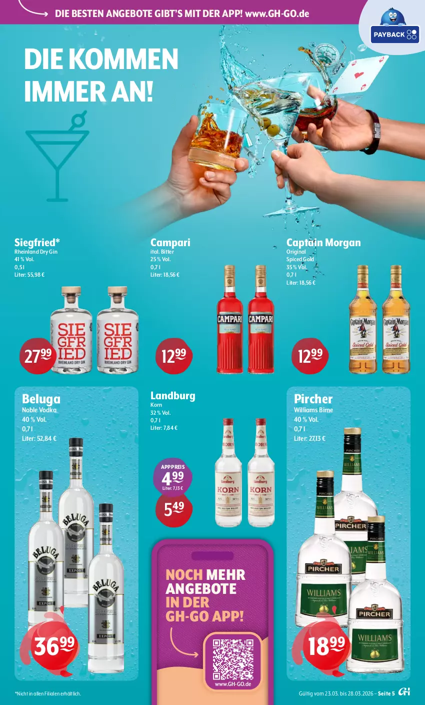 Aktueller Prospekt Getraenke Hoffmann - Prospekte - von 23.03 bis 28.03.2026 - strona 5 - produkty: angebot, angebote, Beluga, campari, Cap, captain morgan, dry gin, eis, gin, korn, original spiced gold, pircher, reis, Ti, vodka, Williams Birne