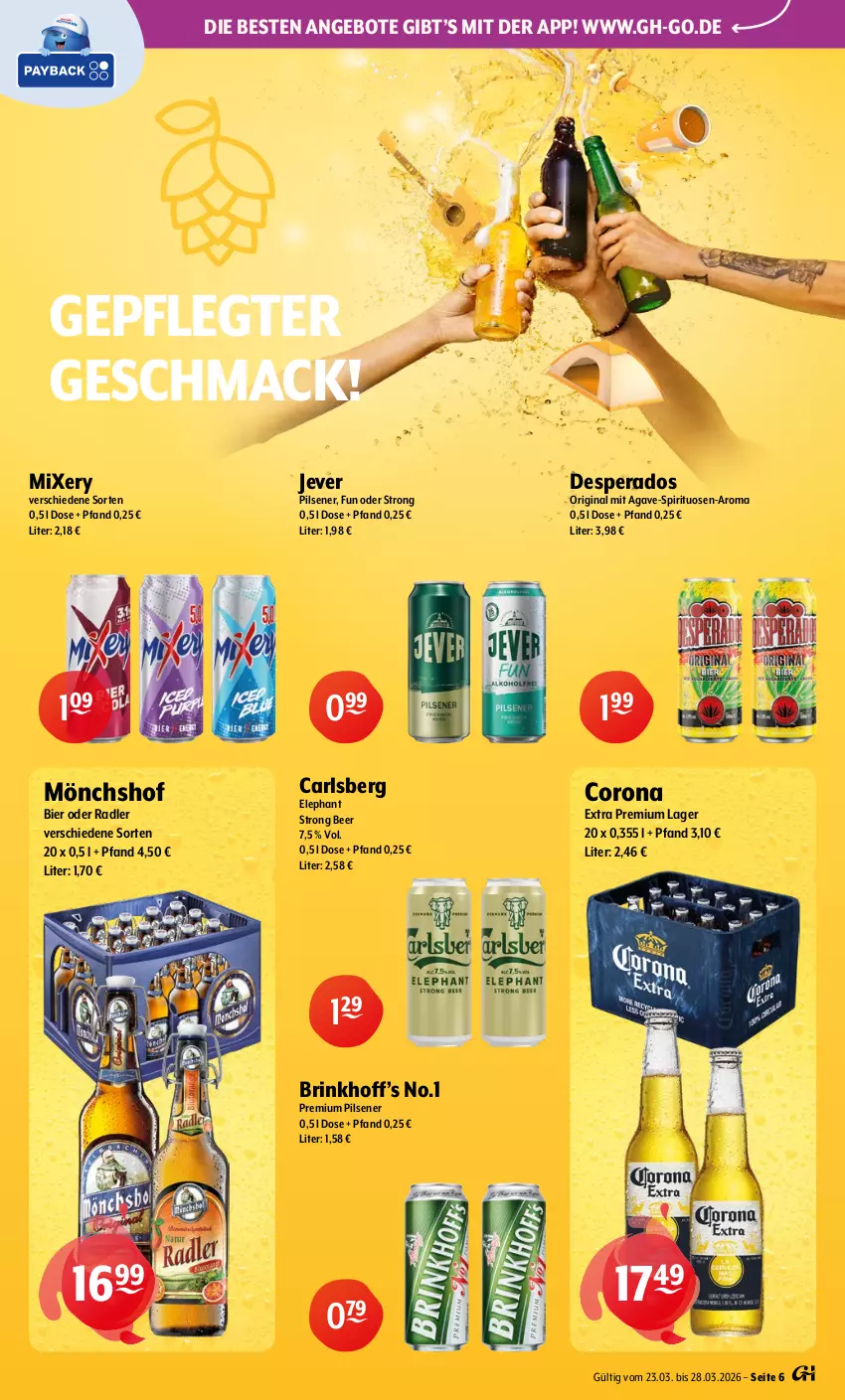 Aktueller Prospekt Getraenke Hoffmann - Prospekte - von 23.03 bis 28.03.2026 - strona 6 - produkty: angebot, angebote, bier, carlsberg, corona, desperados, gin, jever, jever pilsener, mac, Mixer, mixery, mönchshof, oder radler, pils, pilsener, premium pils, radler, spirituosen, Ti
