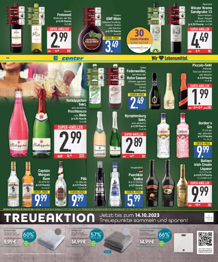 Aktueller Prospekt E Center - Angebote der Woche - von 21.08 bis 26.08.2023 - strona 14 - produkty: ACC, alkohol, aperitif, auer, Bad, badematte, baileys, Bau, baumwolle, blauer zweigelt, Cap, captain morgan, deka, ecco, eis, elle, ente, flasche, freixenet, frucht, fruchtsecco, fürst von metternich, Geflügel, gin, gordon, grüner veltliner, handtuch, irish cream, Käse, lamm, liqueur, Mett, metternich, mionetto, pasta, puschkin vodka, reis, rind, rotkäppchen, rum, rwe, sekt, snack, snacks, super-knüller, teller, Ti, trauben, tuc, vodka, Waage, weichkäse, wein, Wild, wolle, ZTE, Zweigelt