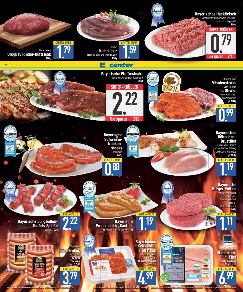 Aktueller Prospekt E Center - Angebote der Woche - von 21.08 bis 26.08.2023 - strona 4 - produkty: auer, Bau, Bauer, beef, brustfilet, burger, chili, curry, deka, eis, ente, filet, fleisch, für grill und pfanne, gewürz, grill, grill und pfanne, hackfleisch, hackfleisch gemischt, hähnchenbrust, hähnchenbrustfilet, hüftsteak, ideal für grill, ideal für grill und pfanne, jungbullen, Kalbsleber, Käse, knoblauch, marinade, minutensteaks, Nackensteak, nackensteaks, natur, paprika, pfanne, pfeffer, pute, putensteaks, reis, rind, rinder, roastbeef, salz, schwein, schwein und rind, schweine, schweinenacken, steak, steaks, super-knüller, Ti, tisch, und pfanne, vom schwein und rind, wein, weine, wiesbauer, ZTE