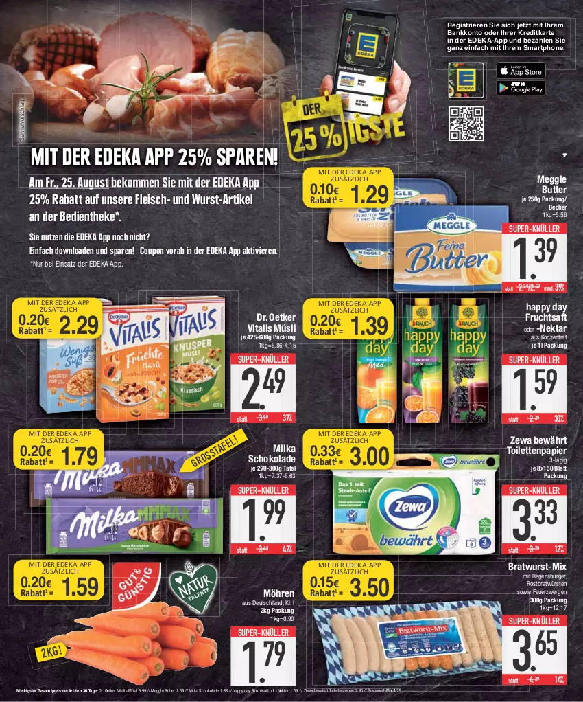 Aktueller Prospekt E Center - Angebote der Woche - von 21.08 bis 26.08.2023 - strona 7 - produkty: Bank, Becher, beko, bratwurst, burger, butter, coupon, deka, Dr. Oetker, eis, fleisch, frucht, fruchtsaft, Happy Day, meggle, milka, milka schokolade, möhren, müsli, Nektar, papier, regensburger, reis, saft, schoko, schokolade, smartphone, super-knüller, Ti, toilettenpapier, vita, vitalis, vitalis müsli, wurst, zewa, ZTE