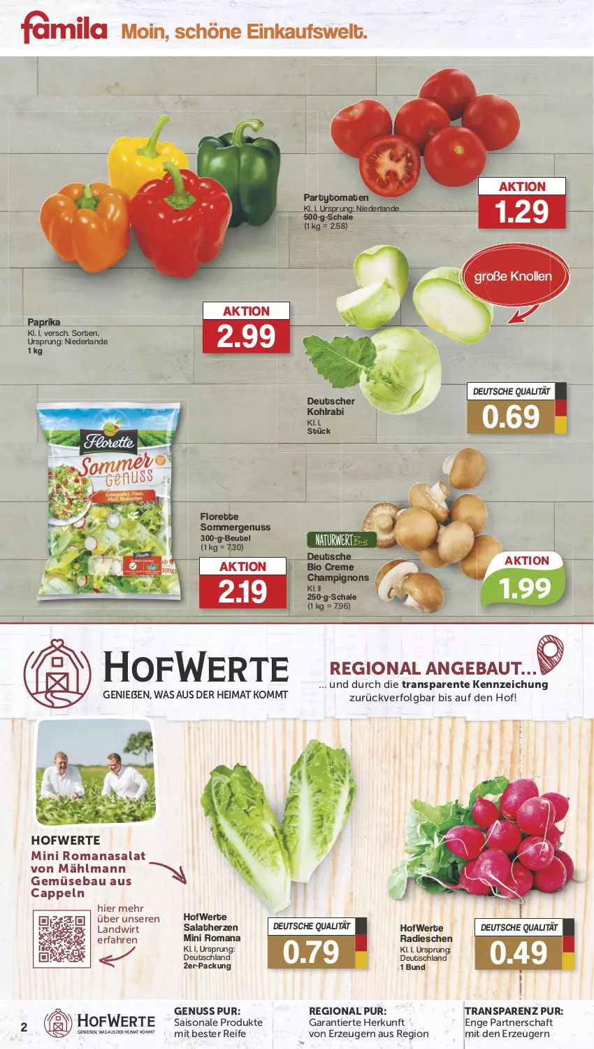 Aktueller Prospekt Famila - Prospekte - von 17.06 bis 22.06.2024 - strona 2 - produkty: Bau, beutel, bio, Cap, champignon, champignons, creme, ente, florette, kohlrabi, LG, nuss, paprika, radieschen, Romanasalat, salat, salatherzen, Schal, Schale, Ti, tomate, tomaten