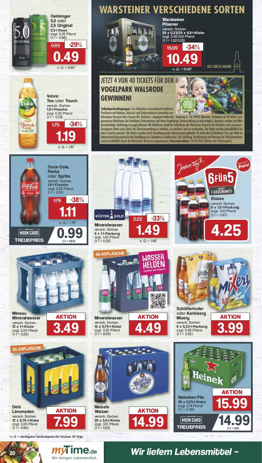 Aktueller Prospekt Famila - Prospekte - von 17.06 bis 22.06.2024 - strona 20 - produkty: Alwa, coca-cola, cola, deit, eis, eistee, fanta, fanta oder, fanta oder sprite, flasche, gin, glasflasche, heineken, karlsberg, karlsberg mixery, lebensmittel, limo, limonade, limonaden, mais, mineralwasser, Mixer, mixery, oder sprite, oettinger, pils, pilsener, reis, schöfferhofer, sprite, steiner, tee, Ti, volvic, warsteiner, wasser, ZTE