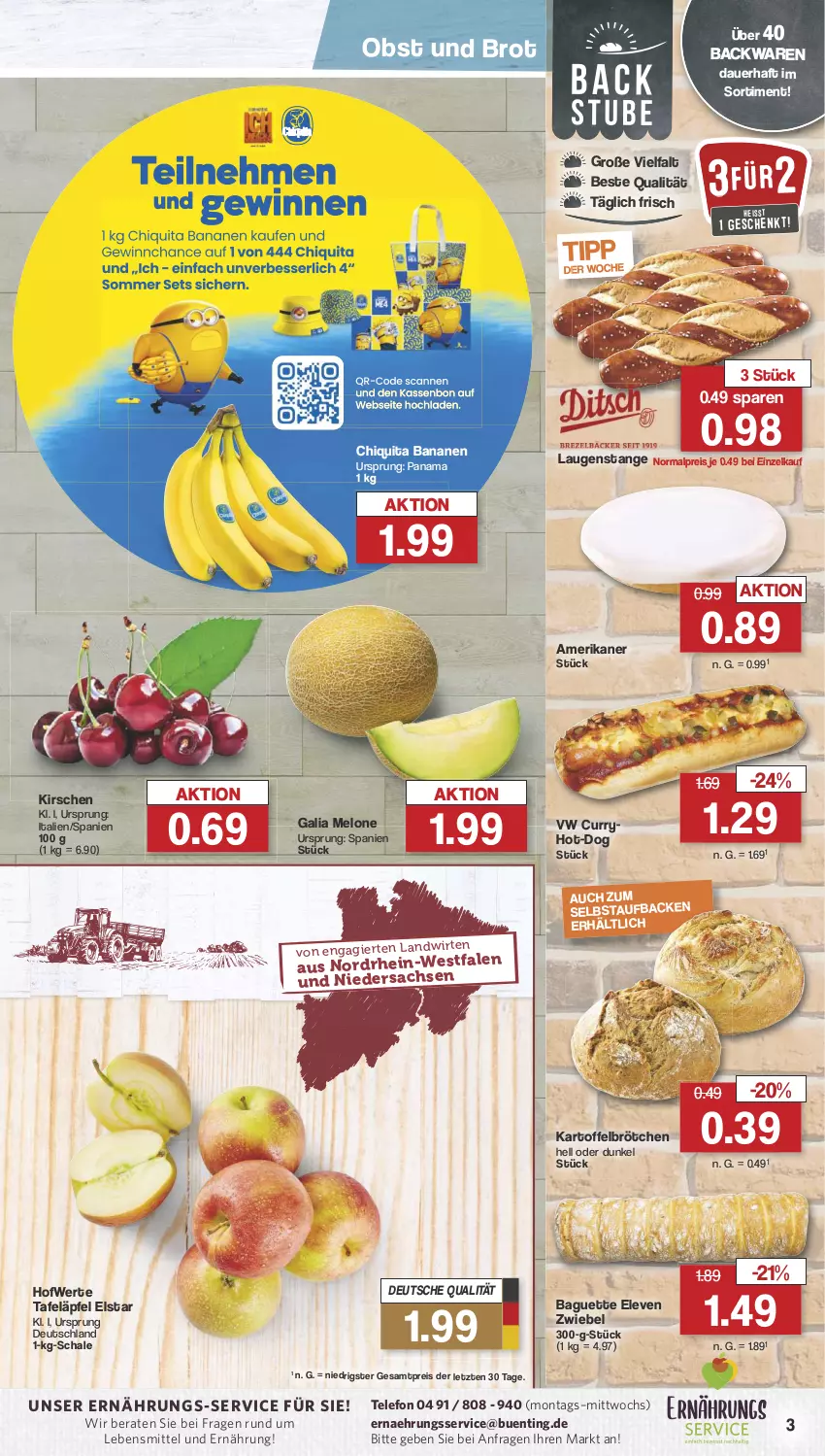 Aktueller Prospekt Famila - Prospekte - von 17.06 bis 22.06.2024 - strona 3 - produkty: auer, backwaren, baguette, banane, bananen, brot, brötchen, chiquita, curry, eis, kartoffel, kirsch, kirsche, kirschen, Laugenstange, lebensmittel, melone, obst, reis, Schal, Schale, tafeläpfel, telefon, Ti, ZTE, zwiebel