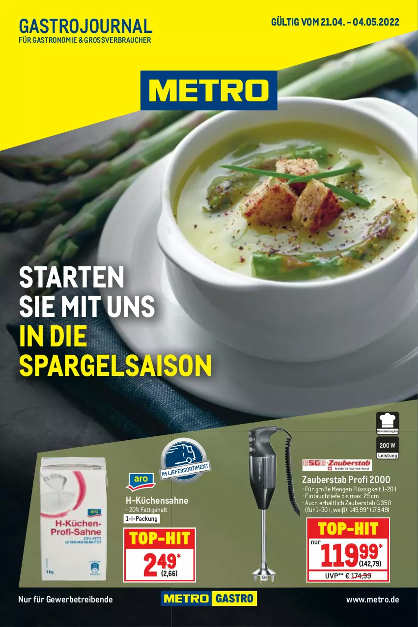 Aktueller Prospekt Metro - GastroJournal - von 21.04 bis 04.05.2022 - strona 1 - produkty: küche, Küchen, Küchensahne, Metro, Rauch, sahne, spargel, Ti, top-hit