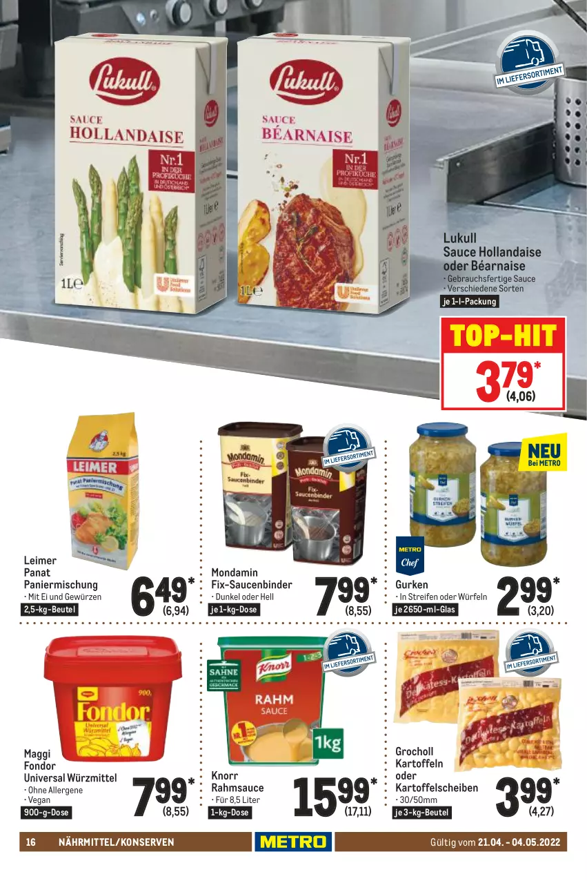 Aktueller Prospekt Metro - GastroJournal - von 21.04 bis 04.05.2022 - strona 16 - produkty: beutel, eimer, gewürz, gurke, gurken, hollandaise, kartoffel, kartoffeln, knorr, Konserven, leimer, lukull, maggi, mondamin, Rauch, reifen, sauce, sauce hollandaise, saucen, Ti, top-hit, würfel