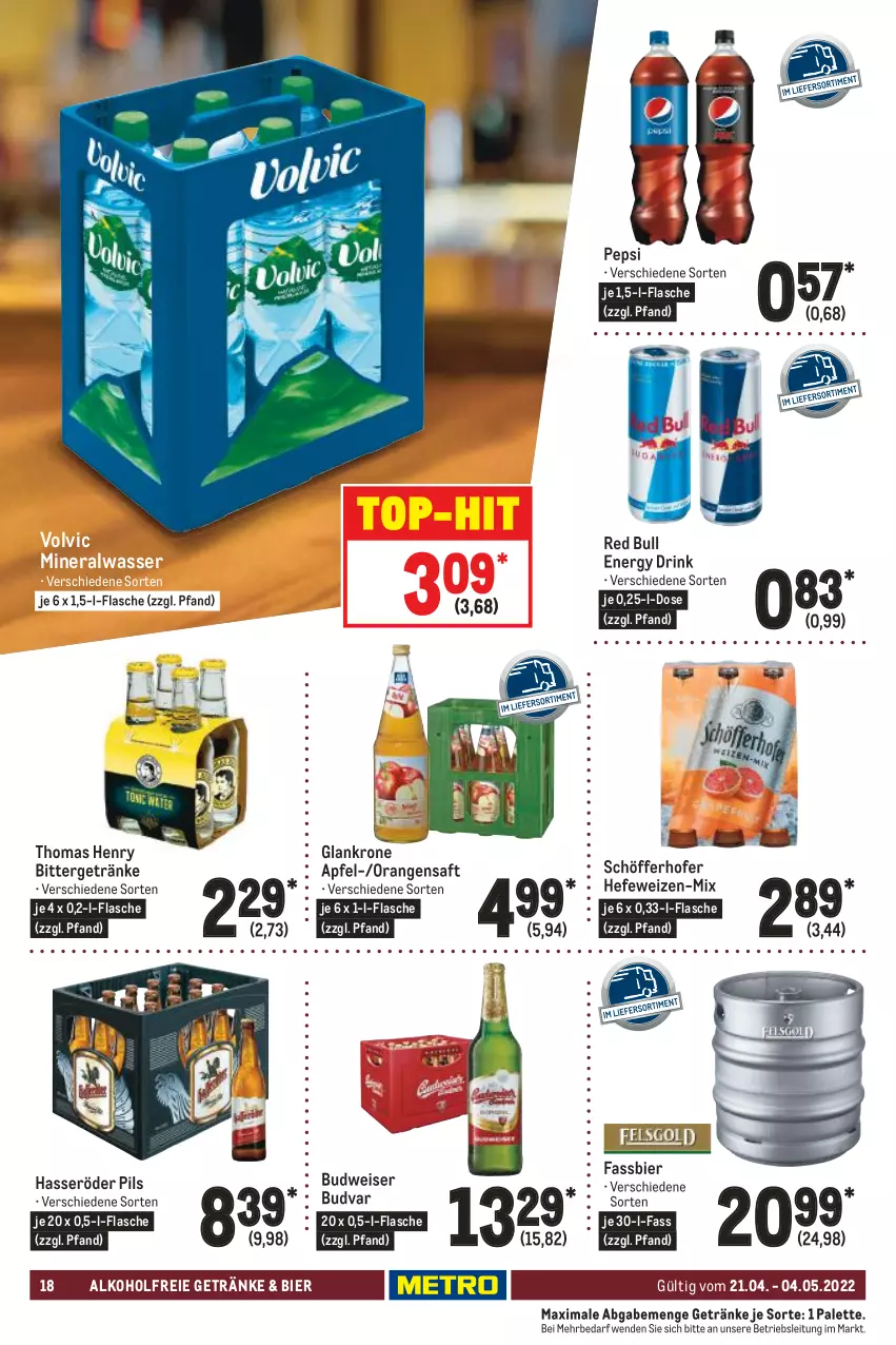 Aktueller Prospekt Metro - GastroJournal - von 21.04 bis 04.05.2022 - strona 18 - produkty: alkohol, alkoholfreie getränke, Alwa, apfel, bier, budweiser, drink, eis, energy drink, flasche, getränk, getränke, hasseröder, Hefe, hefeweizen, krone, mineralwasser, orange, orangen, orangensaft, Palette, pepsi, pils, red bull, saft, schöfferhofer, thomas henry, Ti, top-hit, volvic, wasser