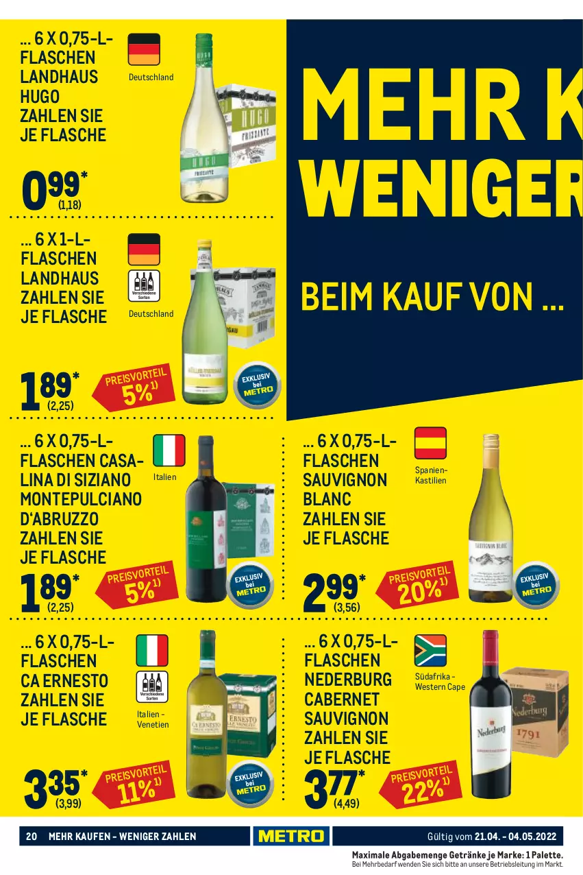 Aktueller Prospekt Metro - GastroJournal - von 21.04 bis 04.05.2022 - strona 20 - produkty: asti, cabernet, cabernet sauvignon, Cap, Casali, eis, ernesto, flasche, getränk, getränke, hugo, monte, Montepulciano, nederburg, Palette, reis, sauvignon, sauvignon blanc, Ti, Weste