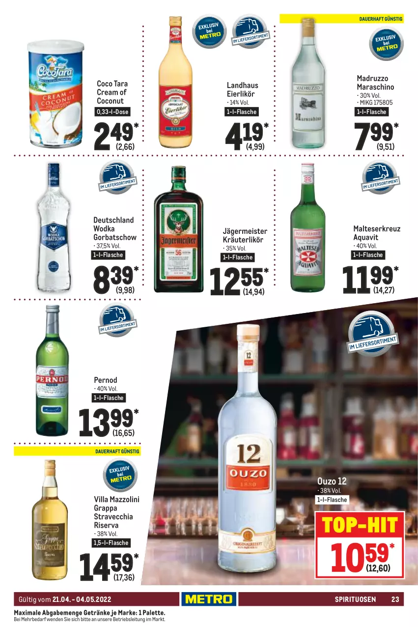 Aktueller Prospekt Metro - GastroJournal - von 21.04 bis 04.05.2022 - strona 23 - produkty: aqua, aquavit, chia, coconut, eier, eierlikör, eis, flasche, Germ, getränk, getränke, Gorbatschow, grappa, jägermeister, kräuter, kräuterlikör, likör, malteser, Meister, ouzo, ouzo 12, Palette, riserva, spirituosen, Ti, top-hit, wodka