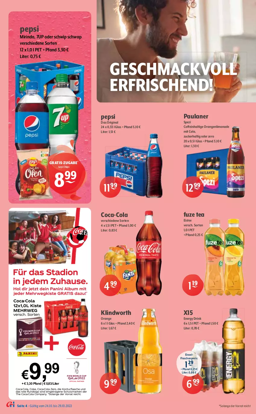 Aktueller Prospekt Getraenke Hoffmann - Prospekte - von 24.10 bis 29.10.2022 - strona 4 - produkty: 7UP, Afri Cola, bio, bio limo, chips, coca-cola, coffein, cola, deit, drink, eis, eistee, energy drink, flasche, fuze tea, getränk, getränke, gin, granini, Happy Day, lays, limo, limonade, mac, malz, mango, maracuja, Mirinda, orange, orangen, orangina, Paula, paulaner, pepsi, Rauch, reis, rind, schweppes, Schwip Schwap, Spezi, tee, Ti, zitrone, zucker