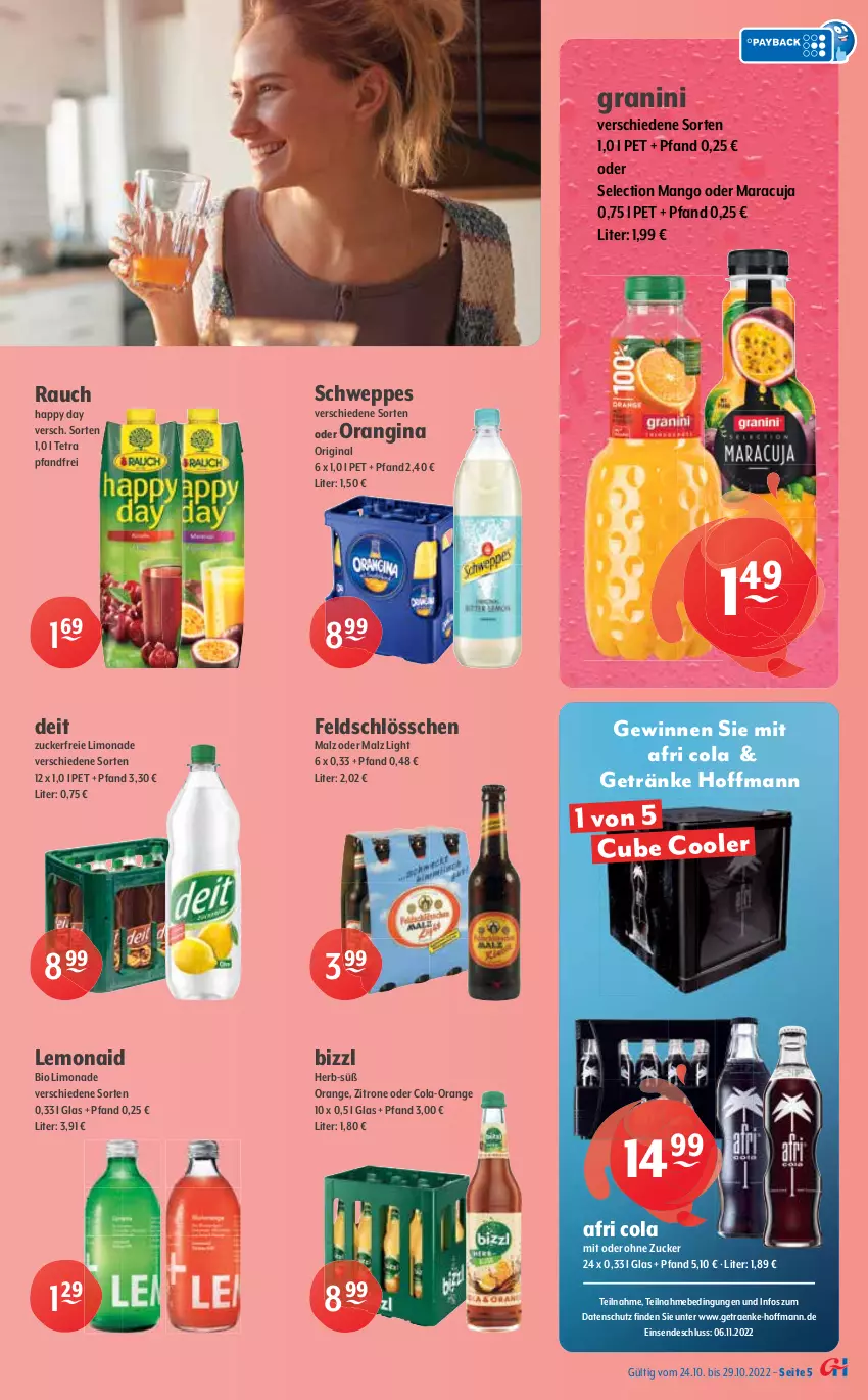 Aktueller Prospekt Getraenke Hoffmann - Prospekte - von 24.10 bis 29.10.2022 - strona 5 - produkty: 7UP, Afri Cola, bio, bio limo, chips, coca-cola, coffein, cola, deit, drink, eis, eistee, energy drink, flasche, fuze tea, getränk, getränke, gin, granini, Happy Day, lays, limo, limonade, mac, malz, mango, maracuja, Mirinda, orange, orangen, orangina, Paula, paulaner, pepsi, Rauch, reis, rind, schweppes, Schwip Schwap, Spezi, tee, Ti, zitrone, zucker