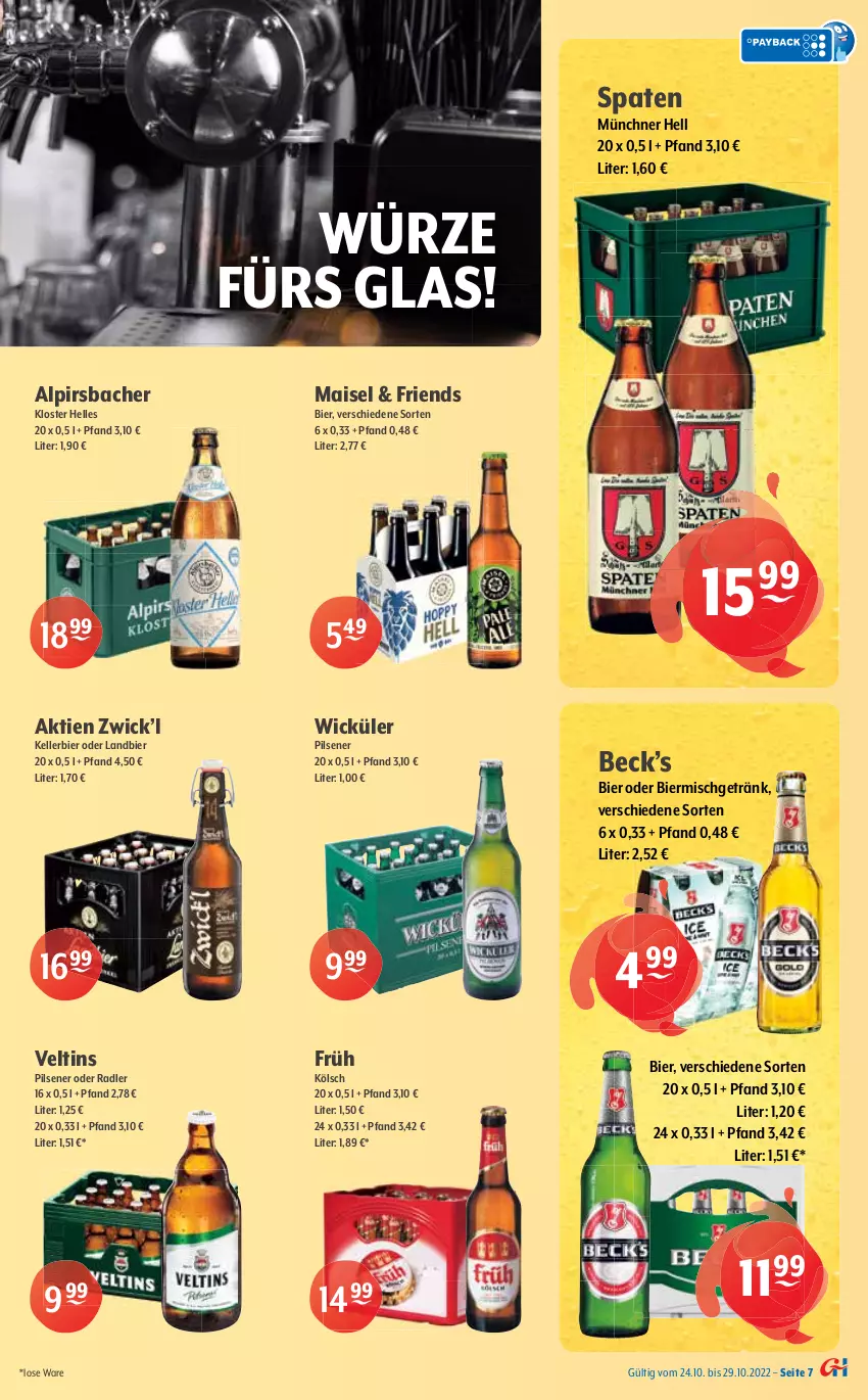 Aktueller Prospekt Getraenke Hoffmann - Prospekte - von 24.10 bis 29.10.2022 - strona 7 - produkty: Alpirsbacher, axe, bier, elle, Früh Kölsch, getränk, jever, kellerbier, mais, mönchshof, Moy Bier, oder radler, pils, pilsener, radler, Spaten, steiner, Ti, tyskie, veltins, warsteiner, WICK, Wild